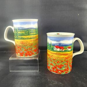 Set 2 Roy Kirkham Tuscany Coffee Tea Mugs Bone China Red Poppy Tuscan Scene UK
